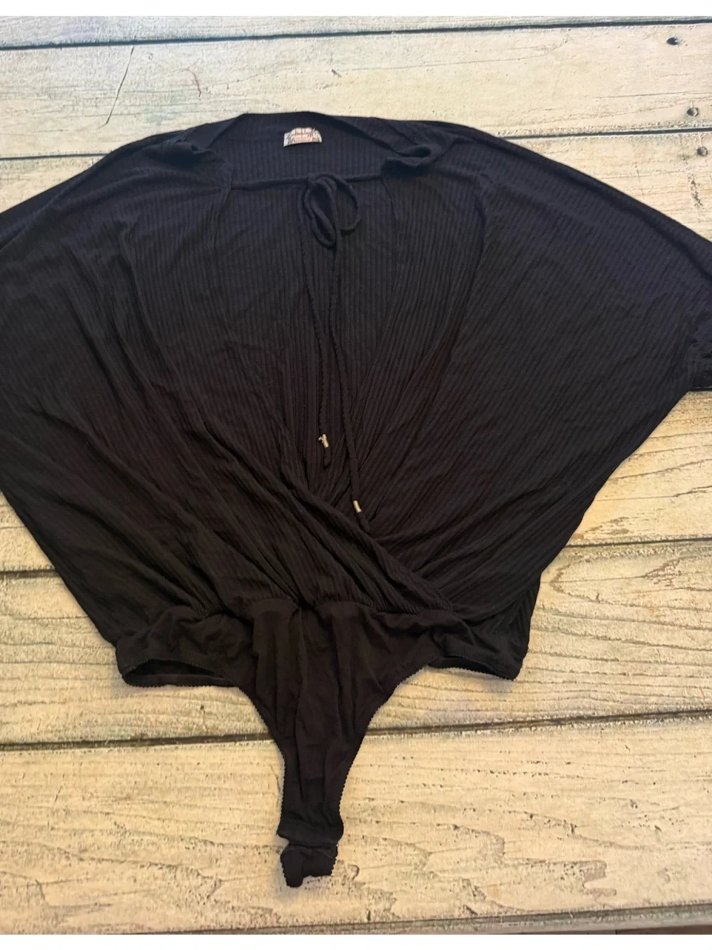 Free people Cleo black ribbed low V front thong bodysuit. M